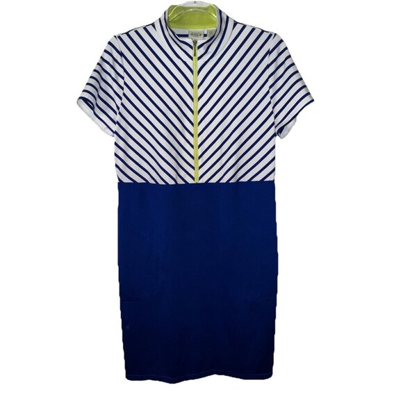Chicos Zenergy Gold Dress Blue White striped Women’s 1 Lime 1/2 Zip Pockets - Picture 1 of 6
